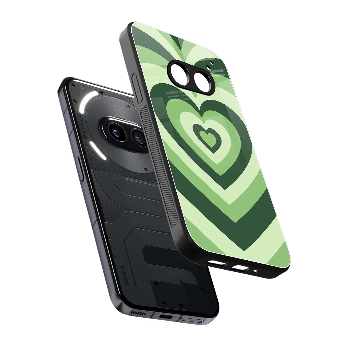 Y2K Green Hearts sleek nothing phone 2a cover with tempered glass back and TPU edges