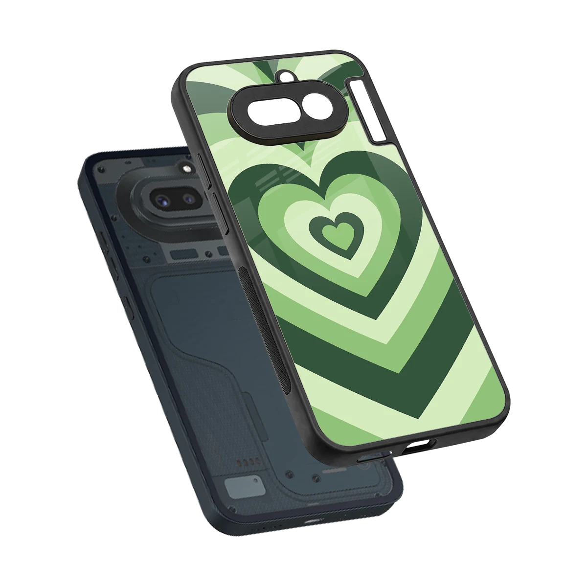 Y2K Green Hearts sleek nothing phone 4a cover with tempered glass back and TPU edges