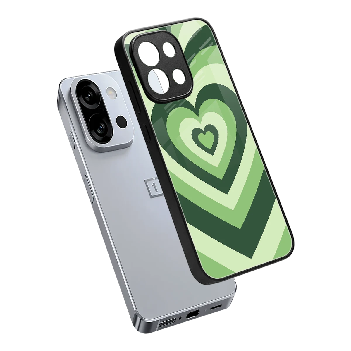 Y2K Green Hearts sleek oneplus 13s cover with tempered glass back and TPU edges