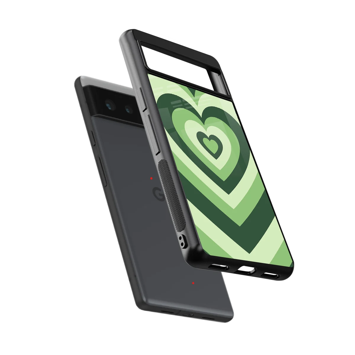 Y2K Green Hearts sleek google pixel 6a cover with tempered glass back and TPU edges