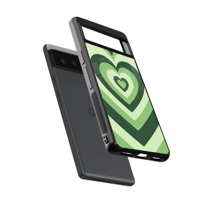 Y2K Green Hearts sleek google pixel 6a cover with tempered glass back and TPU edges