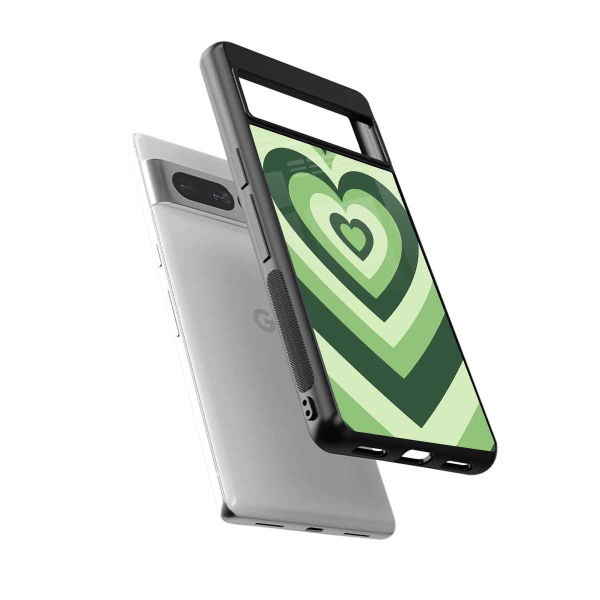 Y2K Green Hearts sleek google pixel 7 pro cover with tempered glass back and TPU edges