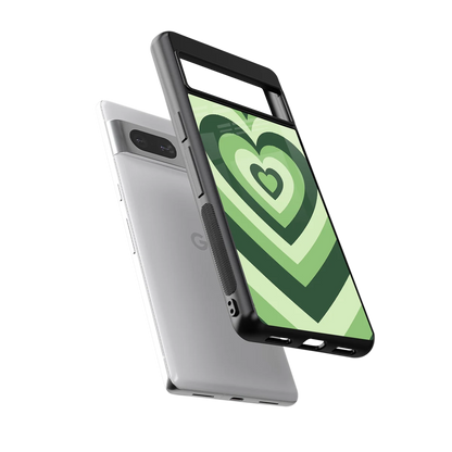 Y2K Green Hearts sleek google pixel 7a cover with tempered glass back and TPU edges