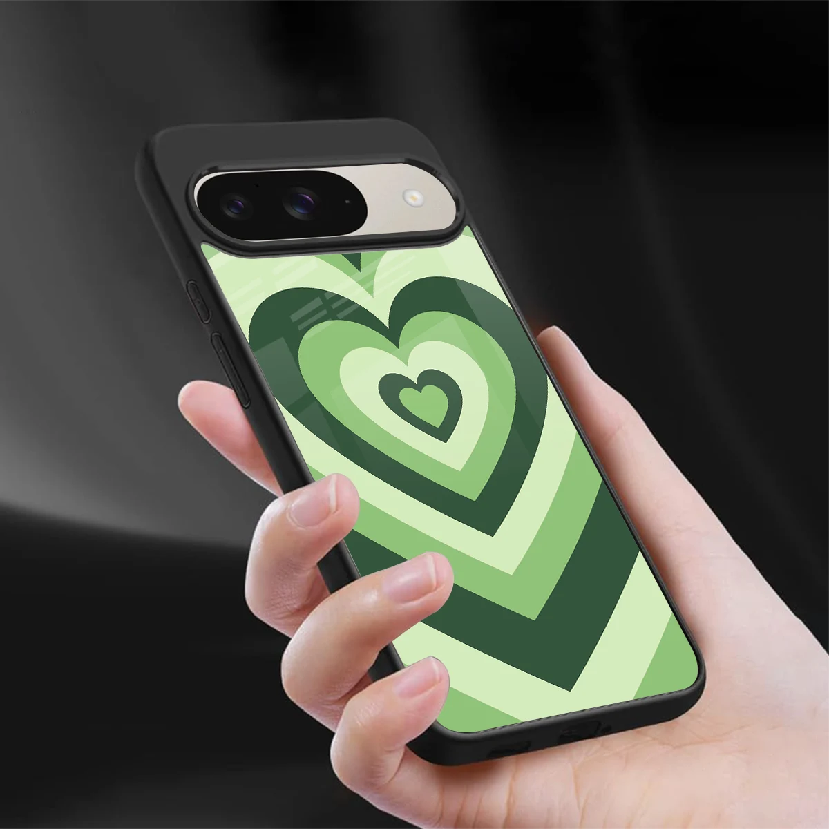 Y2K Green Hearts sleek google pixel 9 cover with tempered glass back and TPU edges