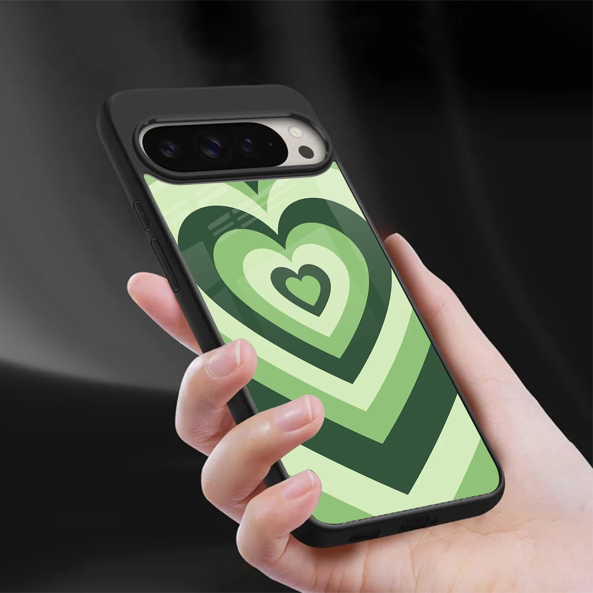 Y2K Green Hearts sleek google pixel 9 pro cover with tempered glass back and TPU edges