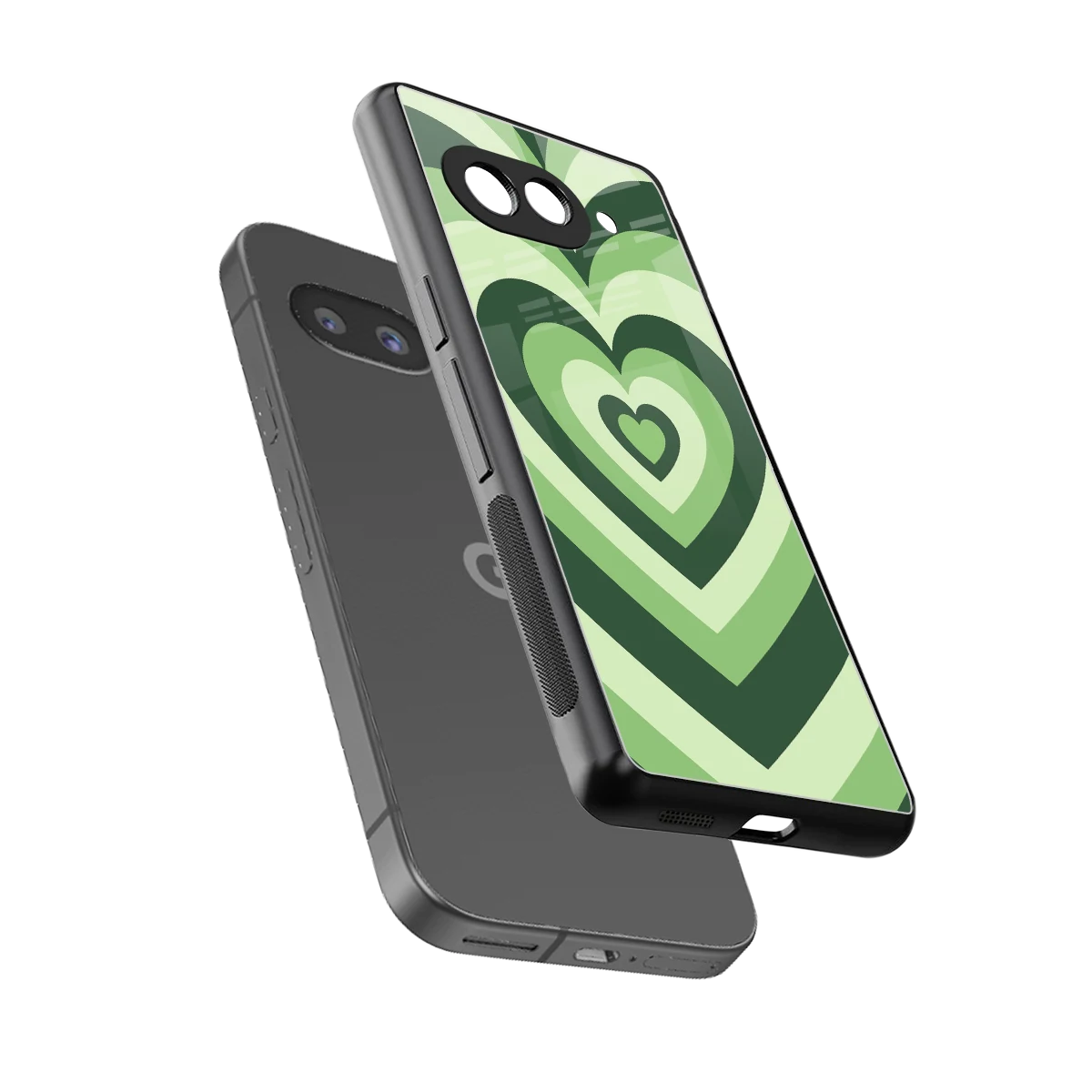 Y2K Green Hearts sleek google pixel 9a cover with tempered glass back and TPU edges