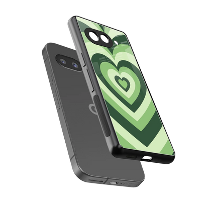 Y2K Green Hearts sleek google pixel 9a cover with tempered glass back and TPU edges