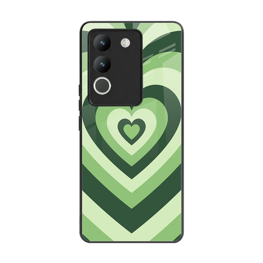 Y2K Green Hearts back phone cover | glass case for vivo y200 5g