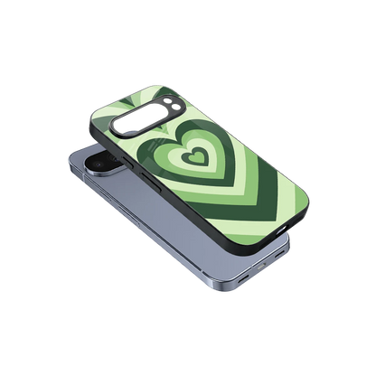 Y2K Green Hearts sleek google pixel 10 pro cover with tempered glass back and TPU edges