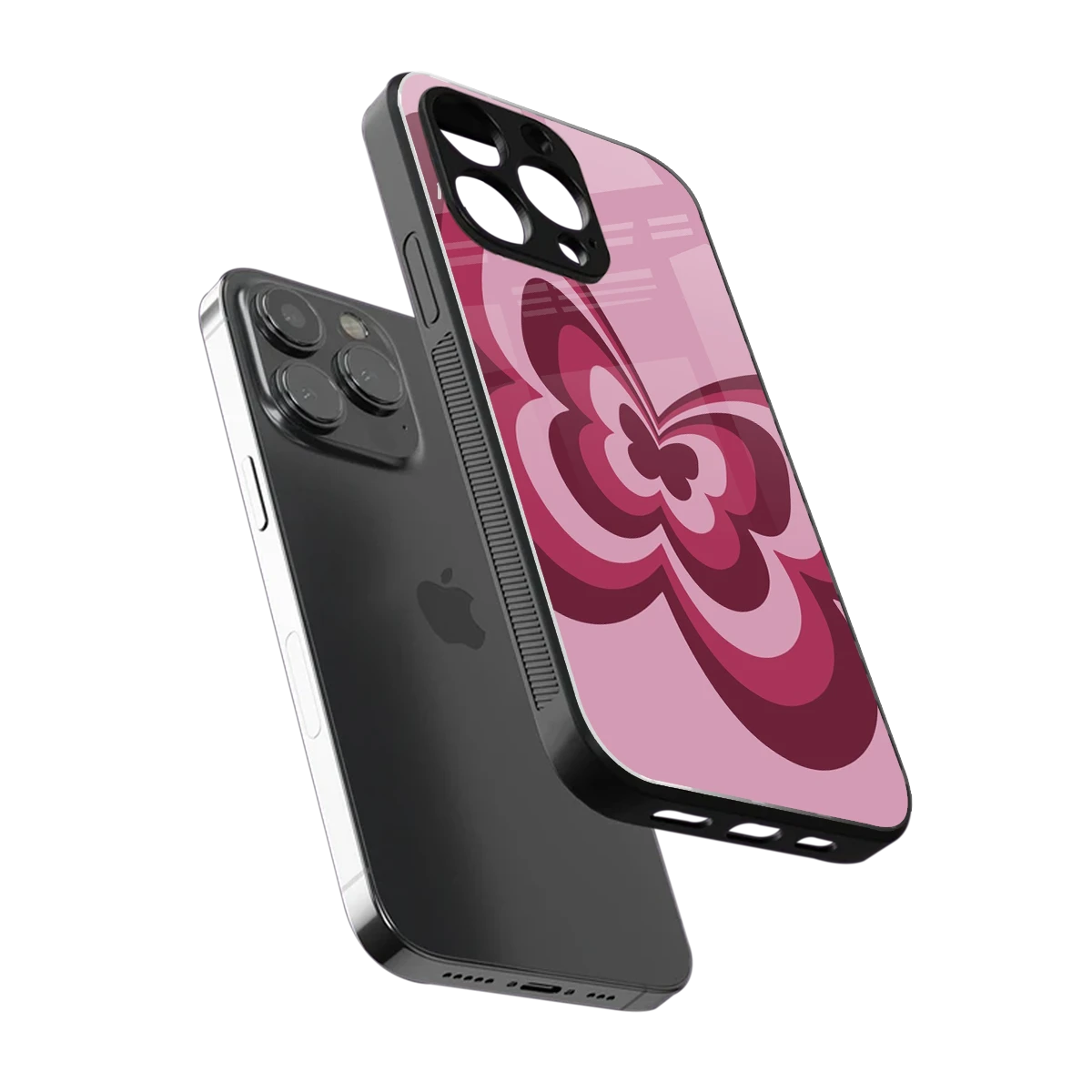 Y2K Magenta Butterfly sleek iphone 15 pro cover with tempered glass back and TPU edges