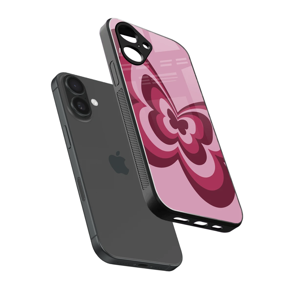 Y2K Magenta Butterfly sleek iPhone 16 cover with tempered glass back and TPU edges
