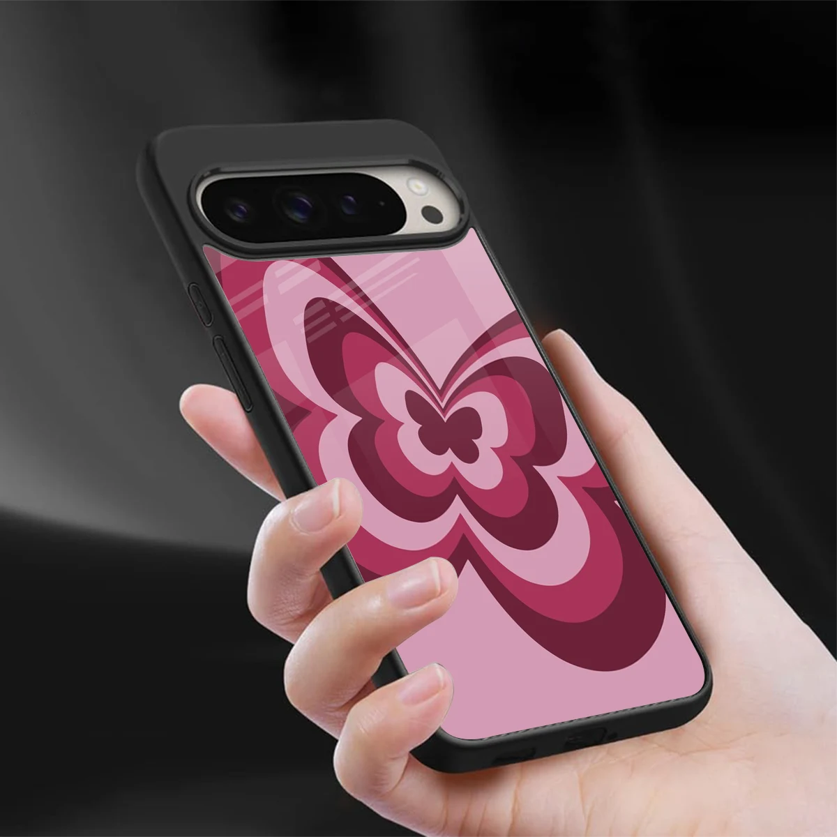 Y2K Magenta Butterfly sleek google pixel 9 pro cover with tempered glass back and TPU edges
