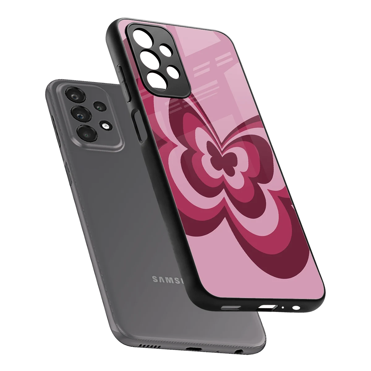 Y2K Magenta Butterfly sleek samsung galaxy a23 cover with tempered glass back and TPU edges