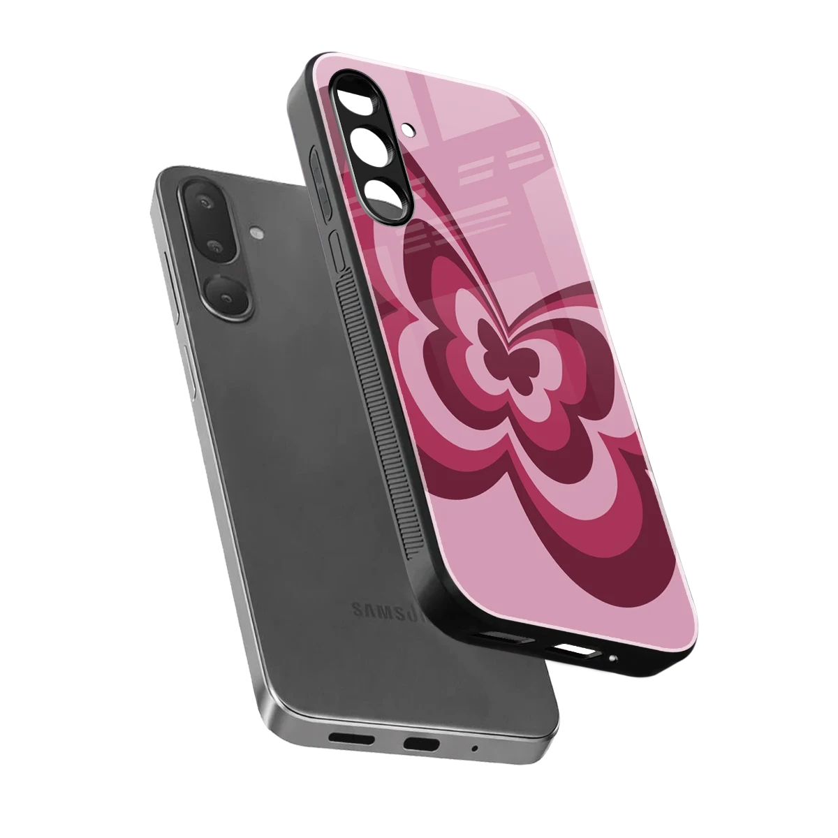 Y2K Magenta Butterfly sleek samsung galaxy m56 5g cover with tempered glass back and TPU edges