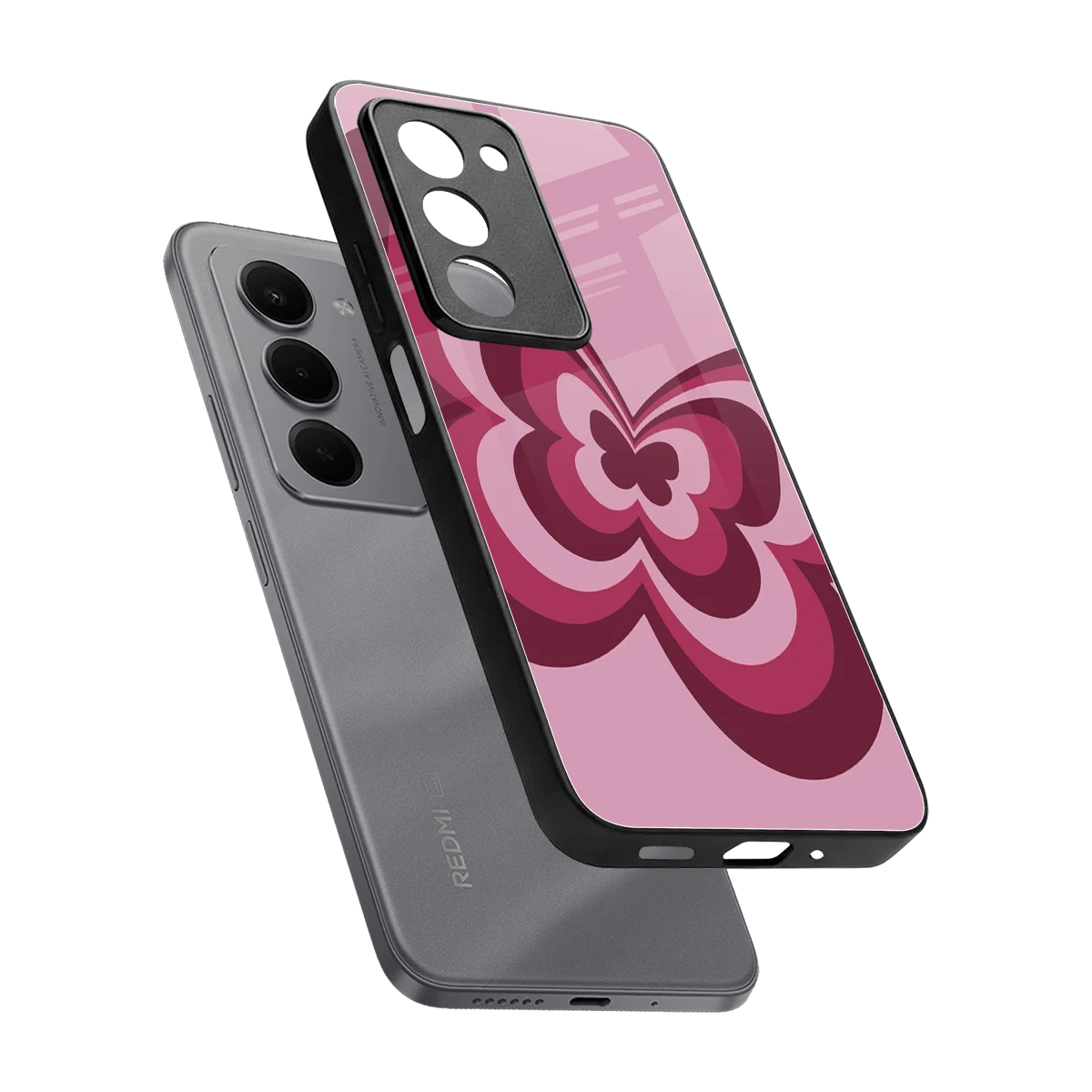 Y2K Magenta Butterfly sleek redmi 15 5g cover with tempered glass back and TPU edges
