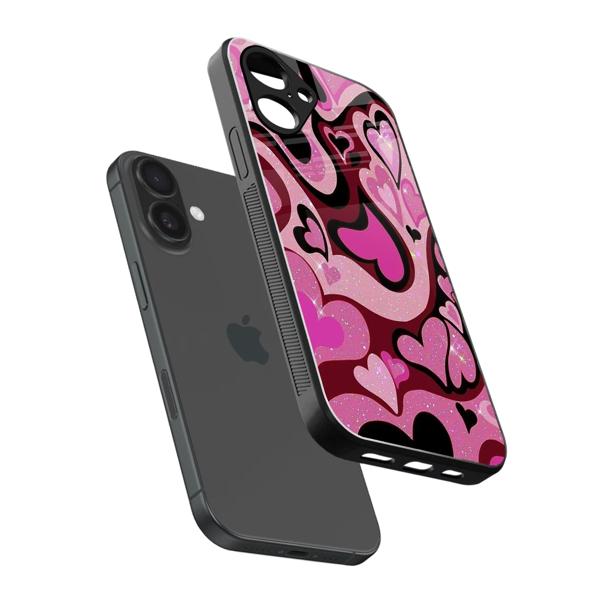 Y2K Magenta Meltdown Hearts sleek iPhone 16 cover with tempered glass back and TPU edges