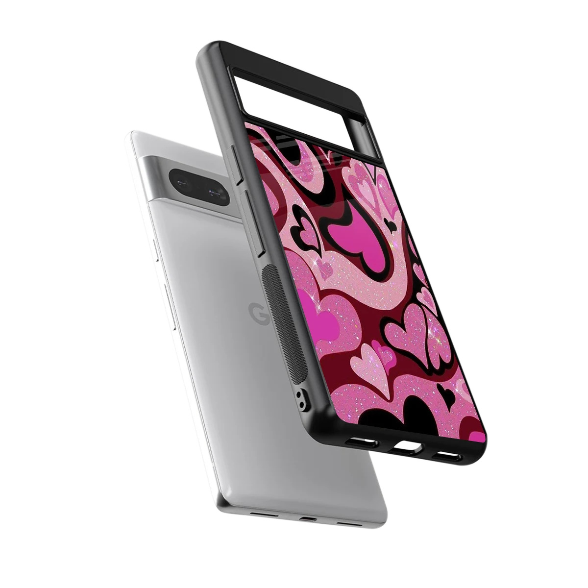 Y2K Magenta Meltdown Hearts sleek google pixel 7a cover with tempered glass back and TPU edges