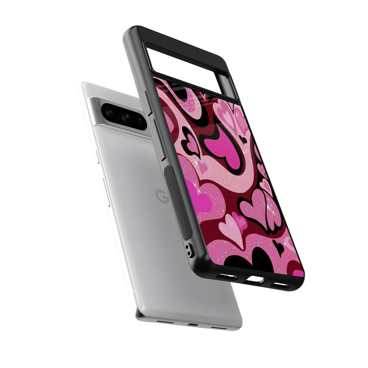 Y2K Magenta Meltdown Hearts sleek google pixel 8 pro cover with tempered glass back and TPU edges