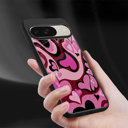Y2K Magenta Meltdown Hearts sleek google pixel 9 cover with tempered glass back and TPU edges