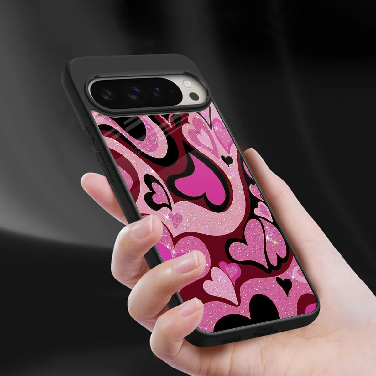 Y2K Magenta Meltdown Hearts sleek google pixel 9 pro xl cover with tempered glass back and TPU edges