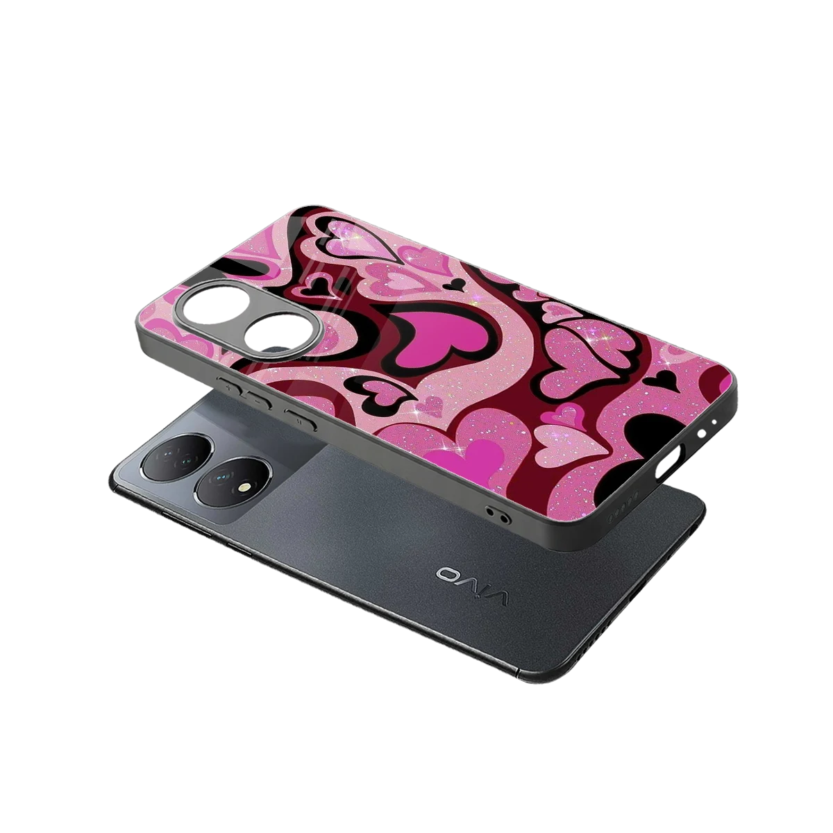 Y2K Magenta Meltdown Hearts sleek Vivo-y100 cover with tempered glass back and TPU edges