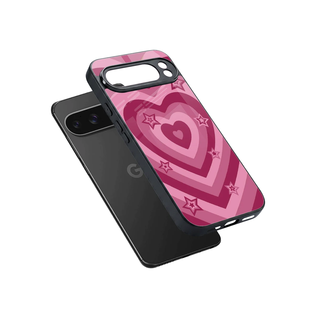 Y2K Pink Hearts X Stars sleek google pixel 10 pro xl cover with tempered glass back and TPU edges