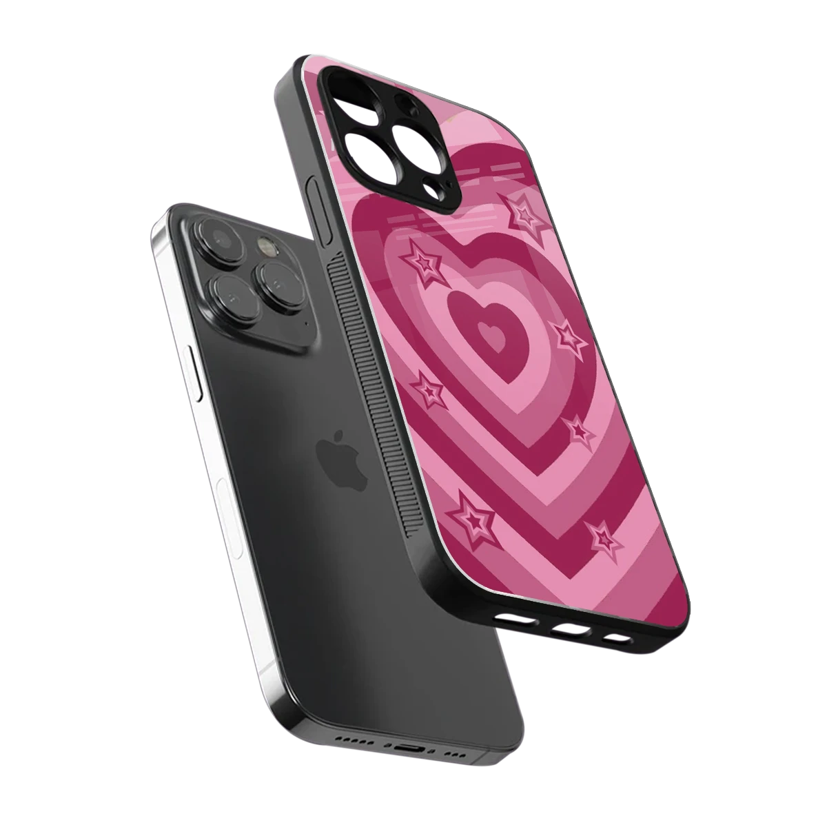 Y2K Pink Hearts X Stars sleek iphone 13 pro cover with tempered glass back and TPU edges