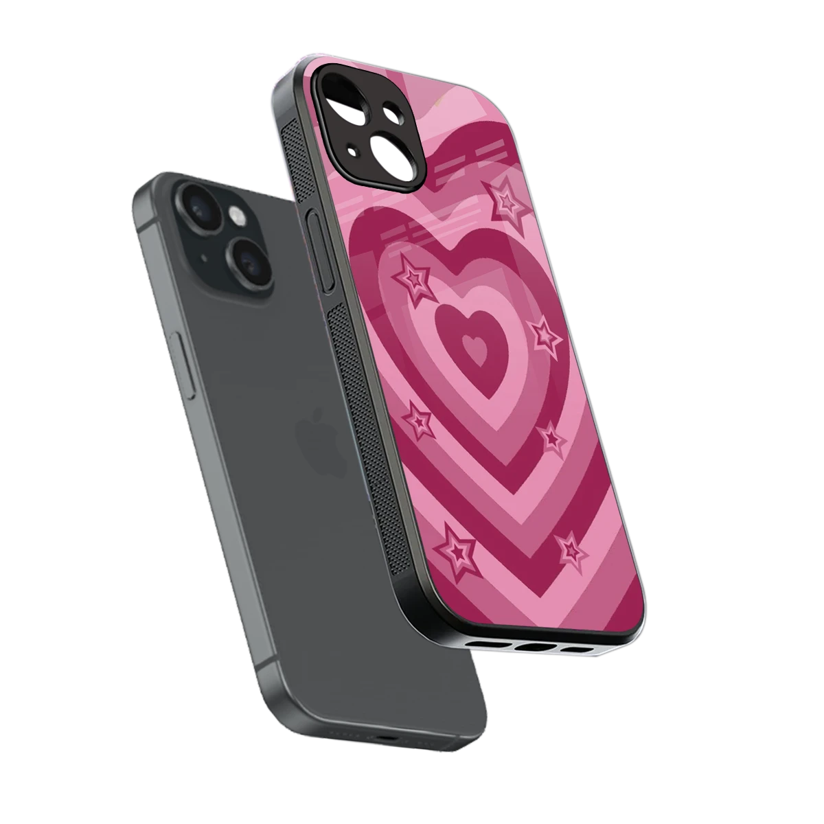 Y2K Pink Hearts X Stars sleek iphone 13 cover with tempered glass back and TPU edges