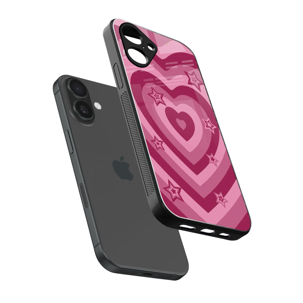 Y2K Pink Hearts X Stars sleek iPhone 16 cover with tempered glass back and TPU edges