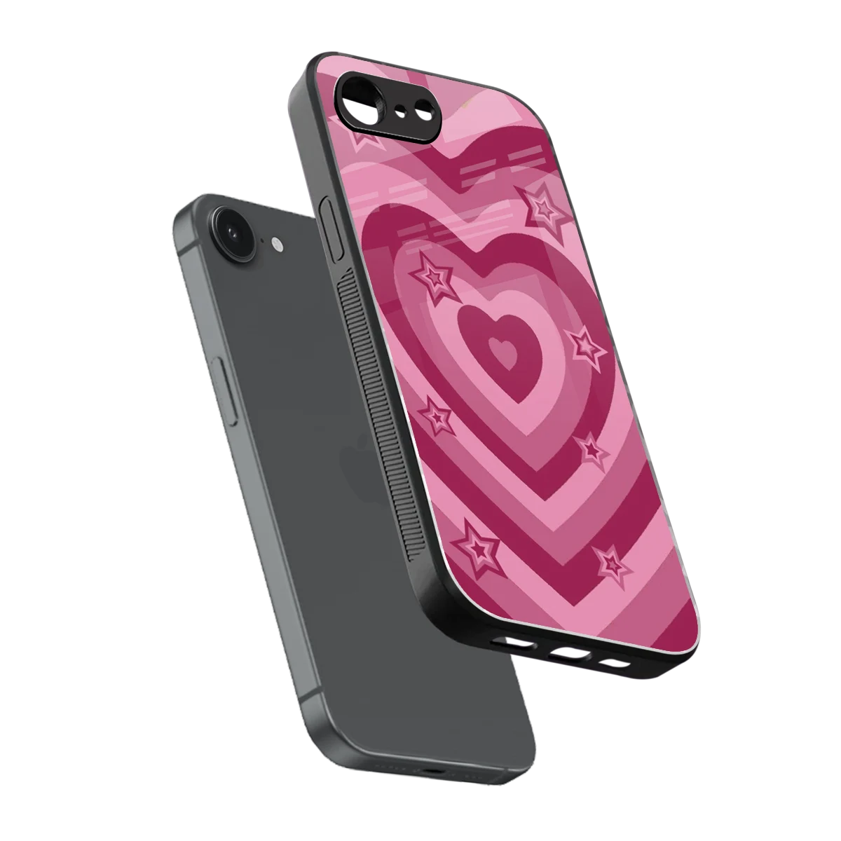 Y2K Pink Hearts X Stars sleek iphone 17e cover with tempered glass back and TPU edges