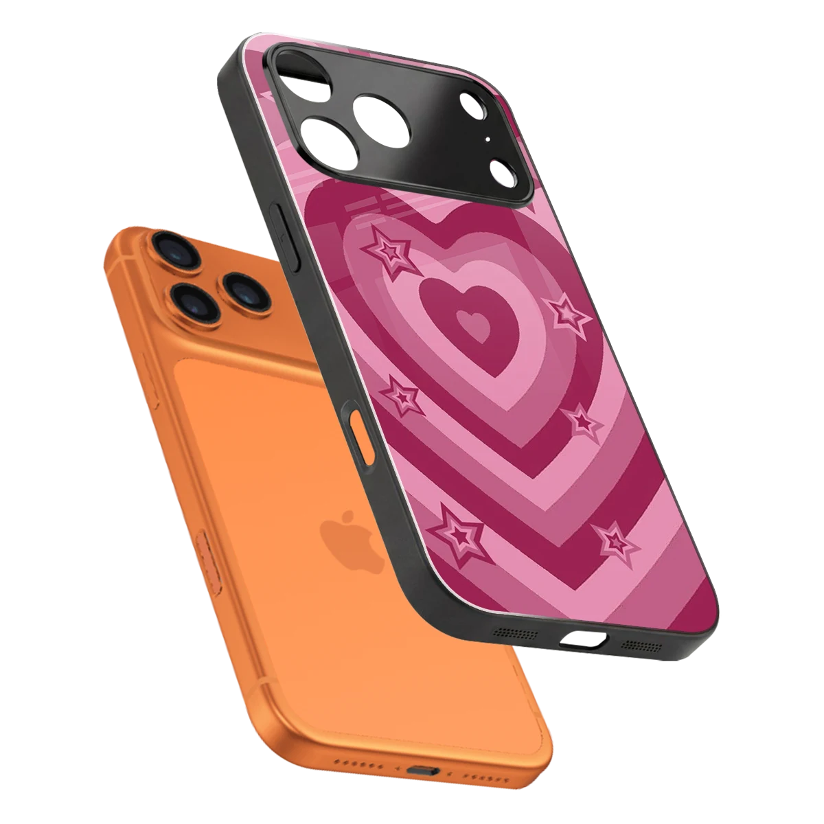 Y2K Pink Hearts X Stars sleek iphone 17 pro max cover with tempered glass back and TPU edges