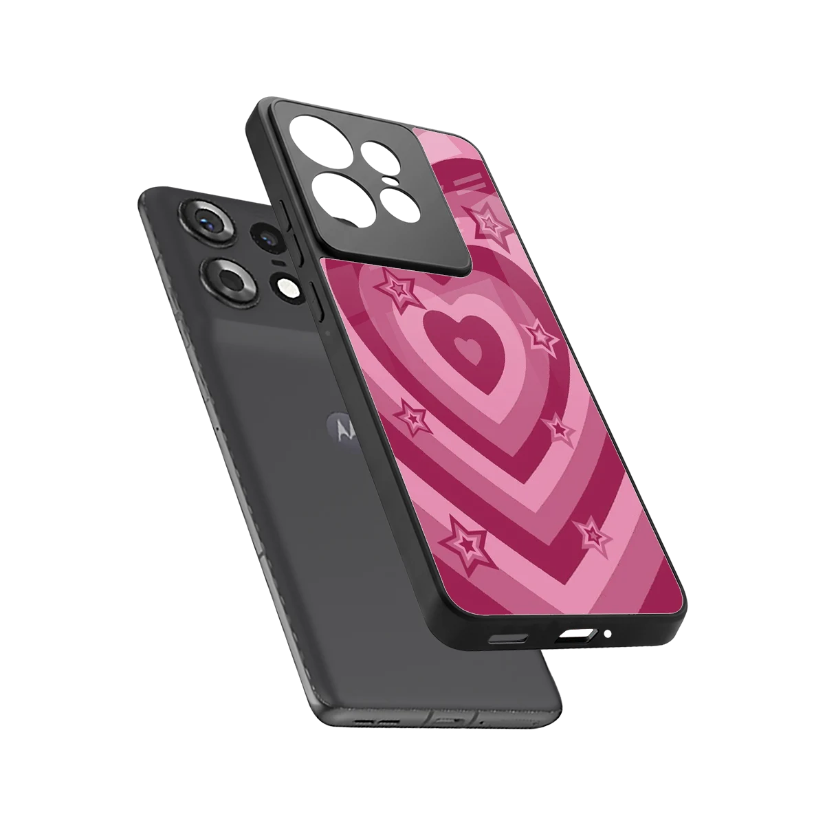 Y2K Pink Hearts X Stars sleek motorola edge 50 pro cover with tempered glass back and TPU edges