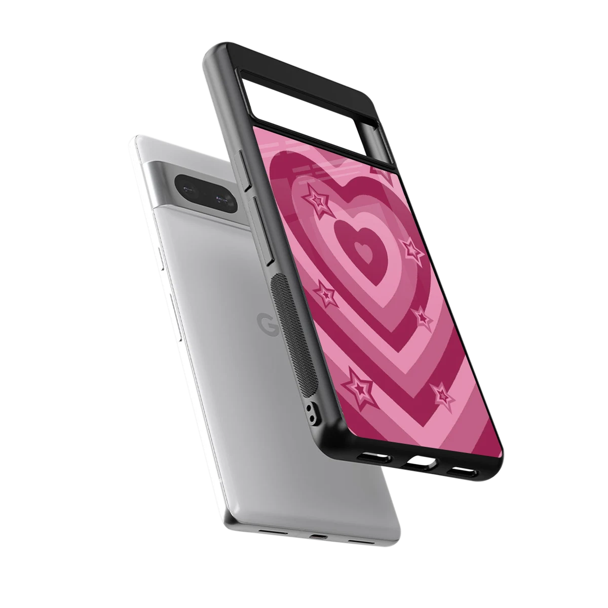 Y2K Pink Hearts X Stars sleek google pixel 7a cover with tempered glass back and TPU edges