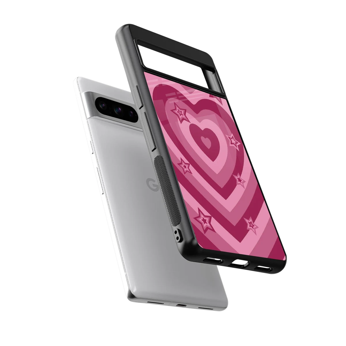 Y2K Pink Hearts X Stars sleek google pixel 8 pro cover with tempered glass back and TPU edges