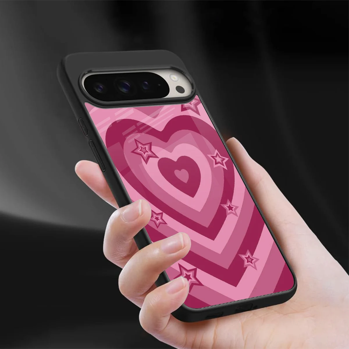 Y2K Pink Hearts X Stars sleek google pixel 9 pro xl cover with tempered glass back and TPU edges