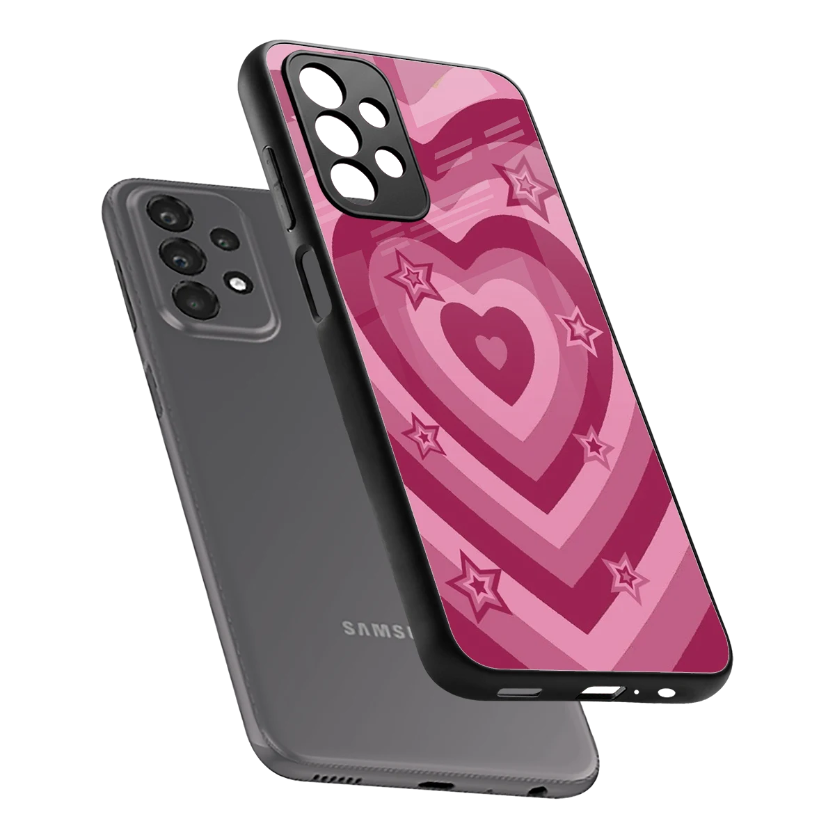 Y2K Pink Hearts X Stars sleek samsung galaxy a23 cover with tempered glass back and TPU edges
