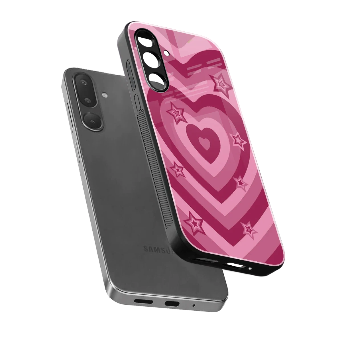 Y2K Pink Hearts X Stars sleek samsung galaxy m36 5g cover with tempered glass back and TPU edges