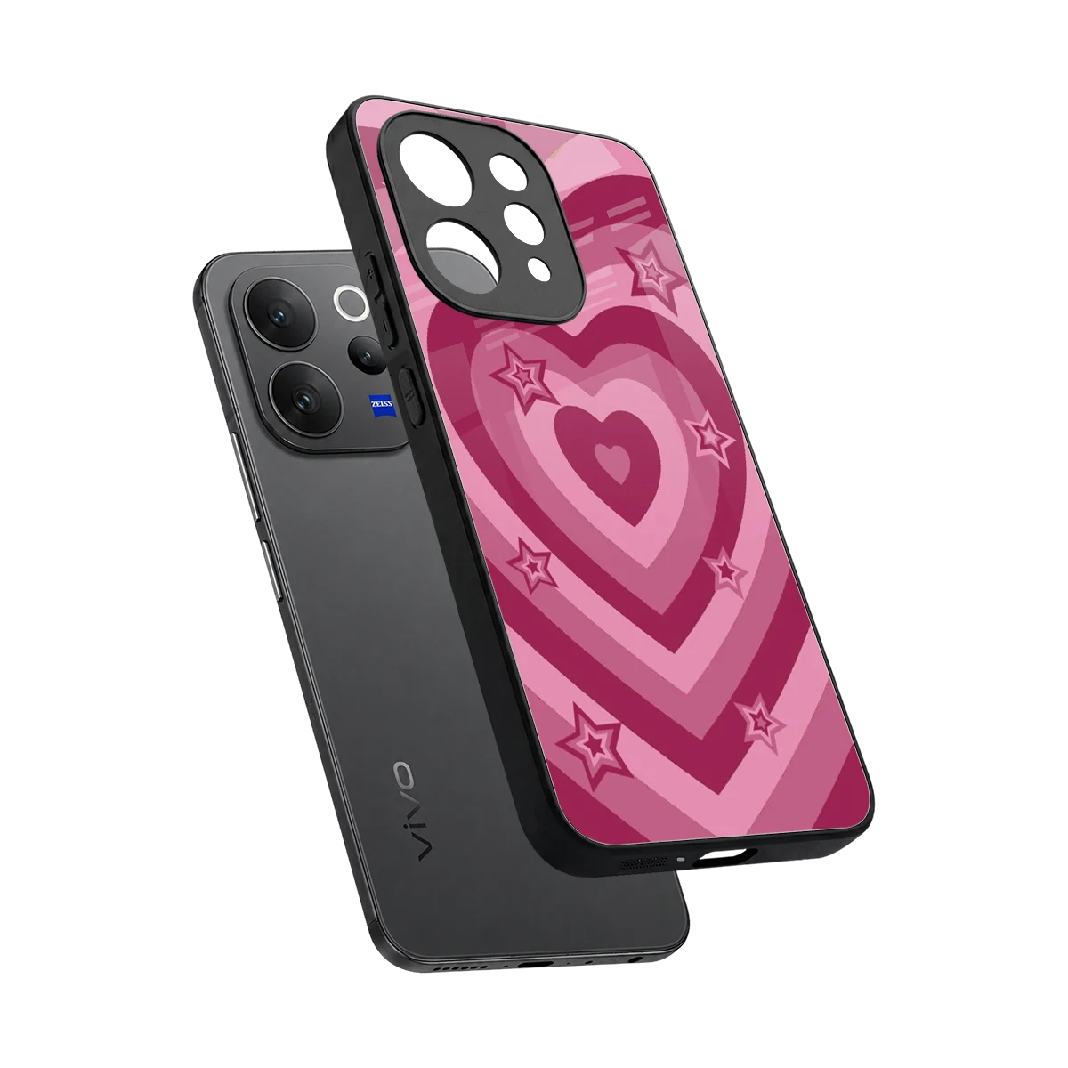 Y2K Pink Hearts X Stars sleek vivo v70 cover with tempered glass back and TPU edges