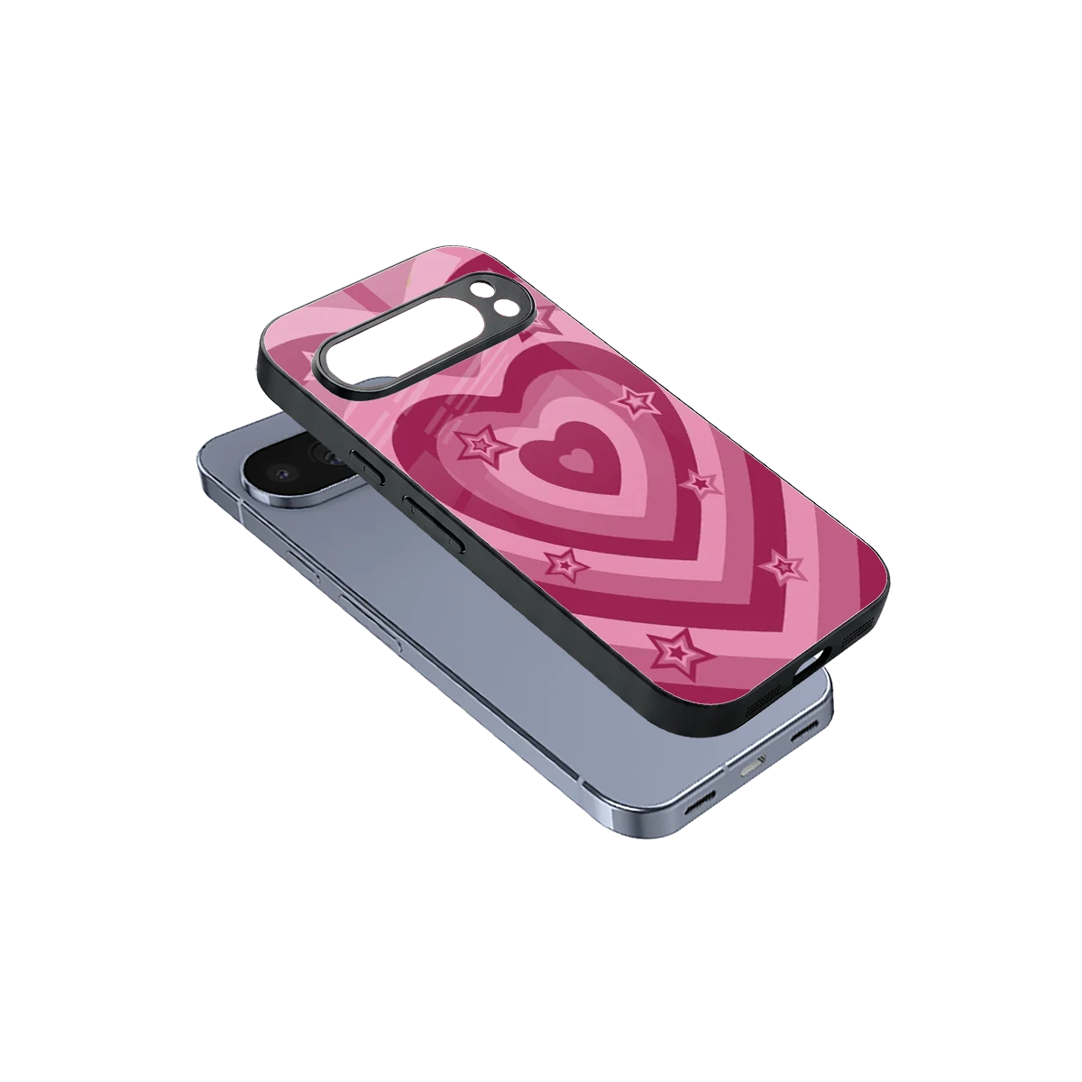 Y2K Pink Hearts X Stars sleek google pixel 10 pro cover with tempered glass back and TPU edges
