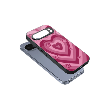 Y2K Pink Hearts X Stars sleek google pixel 10 pro cover with tempered glass back and TPU edges