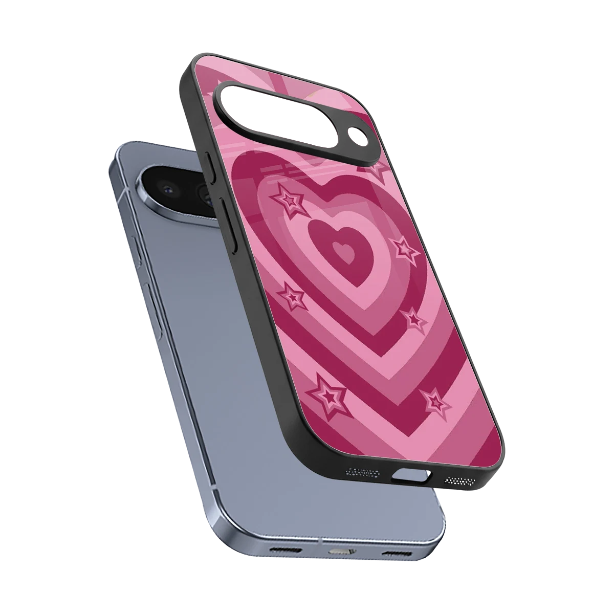 Y2K Pink Hearts X Stars sleek google pixel 10 cover with tempered glass back and TPU edges