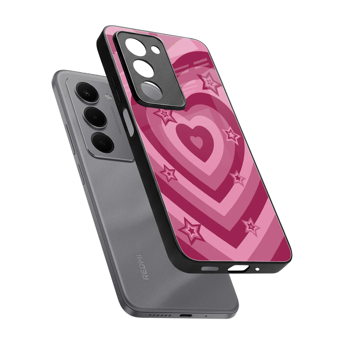 Y2K Pink Hearts X Stars sleek redmi 15 5g cover with tempered glass back and TPU edges