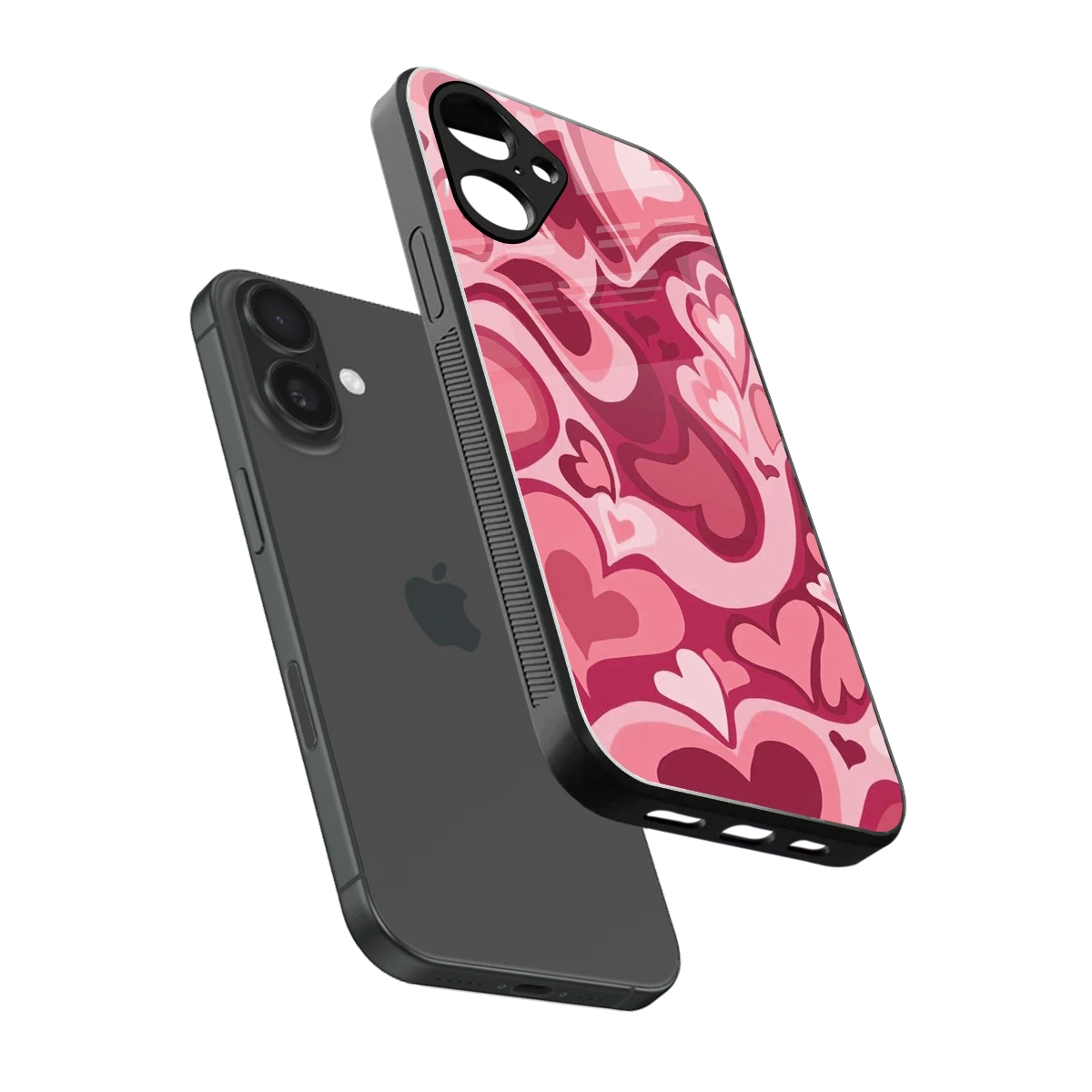 Y2K Pink Meltdown Hearts sleek iPhone 16 cover with tempered glass back and TPU edges