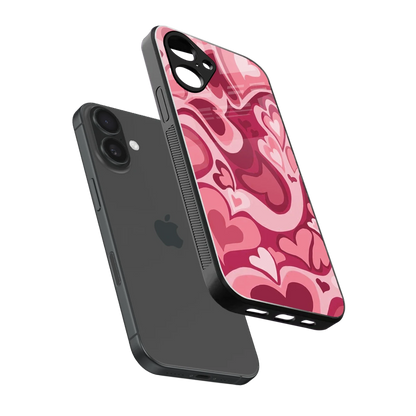 Y2K Pink Meltdown Hearts sleek iPhone 16 cover with tempered glass back and TPU edges