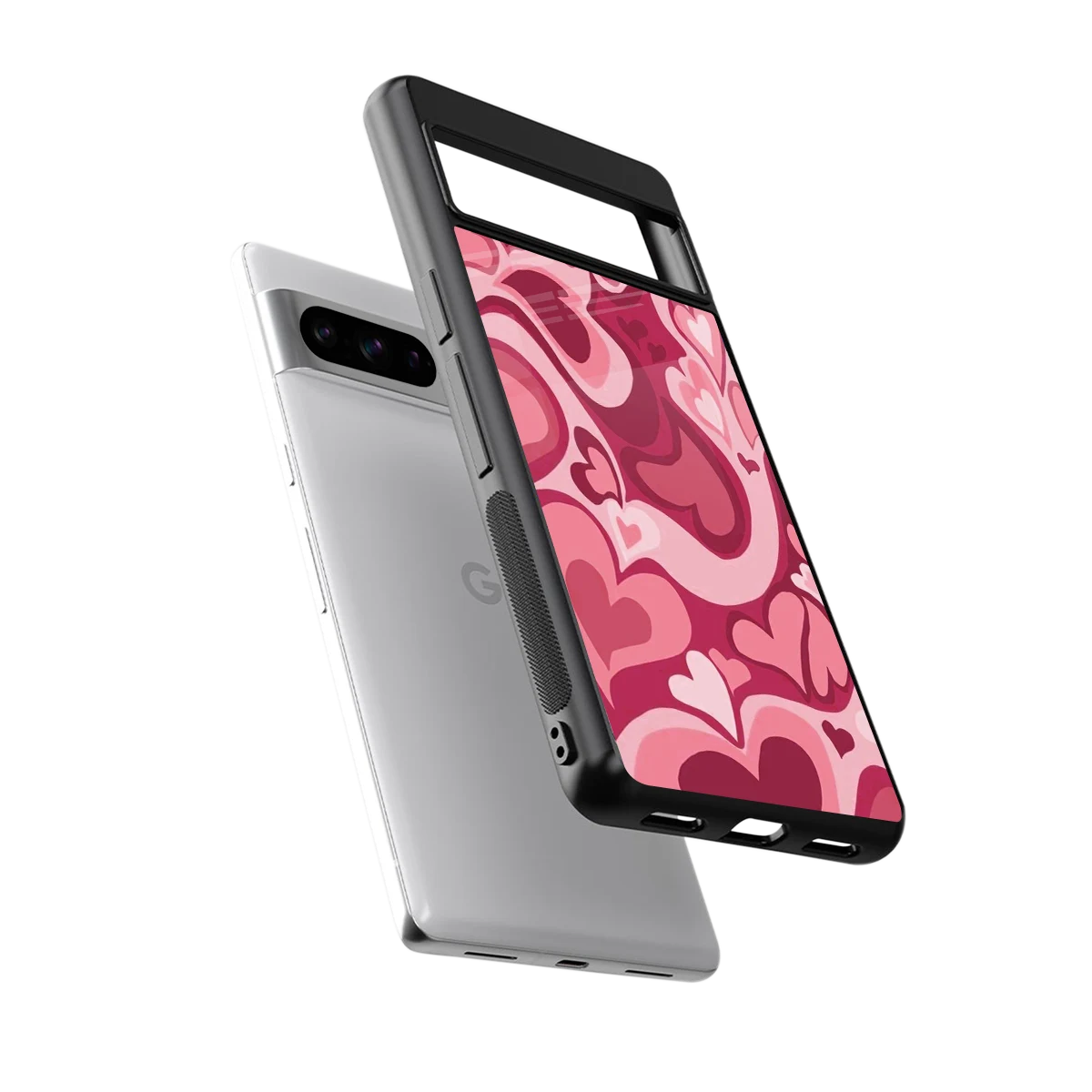 Y2K Pink Meltdown Hearts sleek google pixel 8 pro cover with tempered glass back and TPU edges