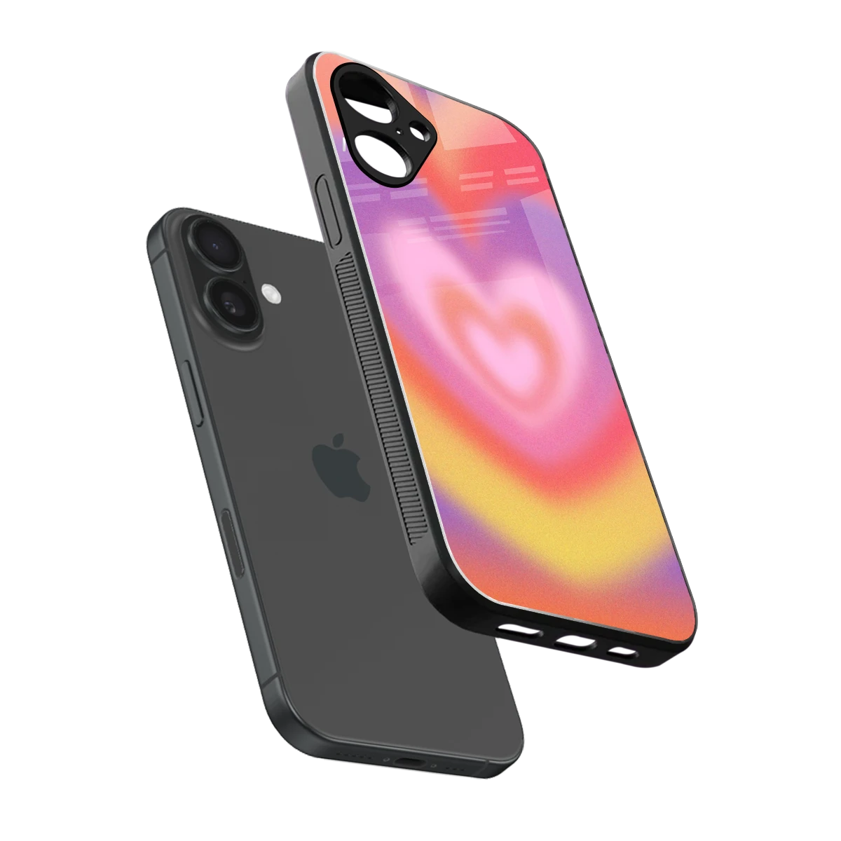 Y2K Rainbow Hearts sleek iPhone 16 cover with tempered glass back and TPU edges