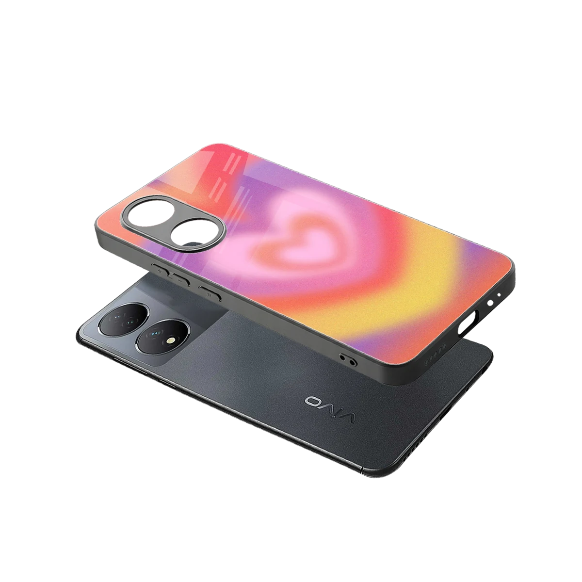 Y2K Rainbow Hearts sleek Vivo-y100 cover with tempered glass back and TPU edges