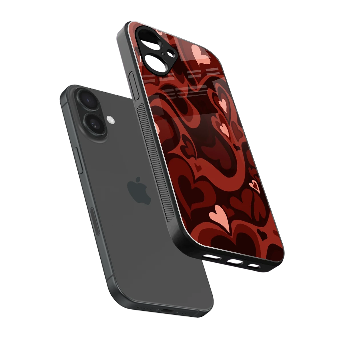 Y2K Red Meltdown Hearts sleek iPhone 16 cover with tempered glass back and TPU edges
