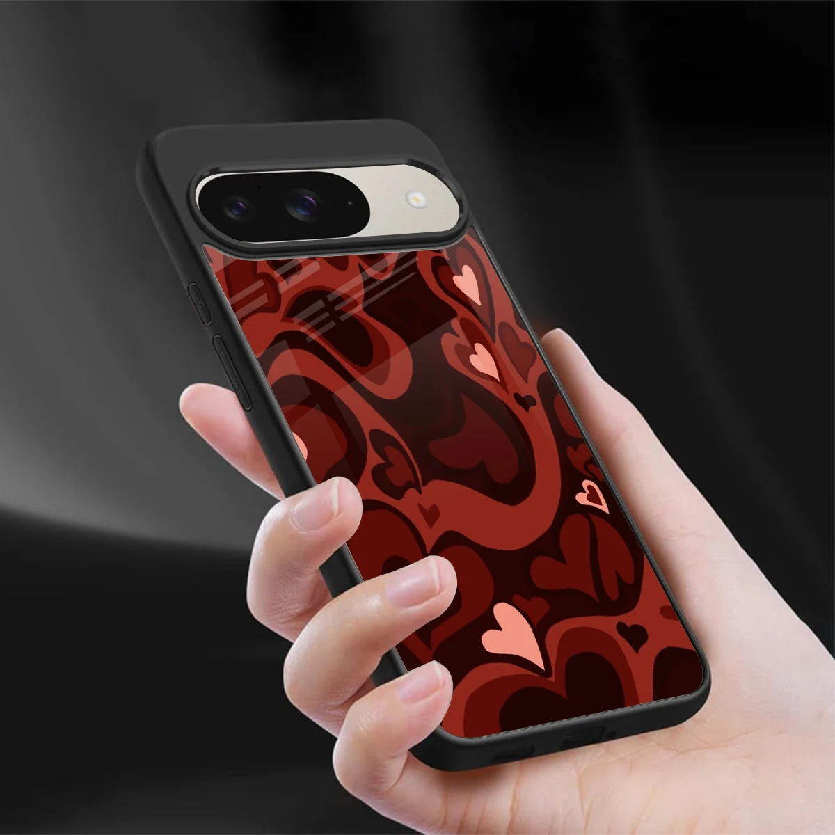 Y2K Red Meltdown Hearts sleek google pixel 9 cover with tempered glass back and TPU edges