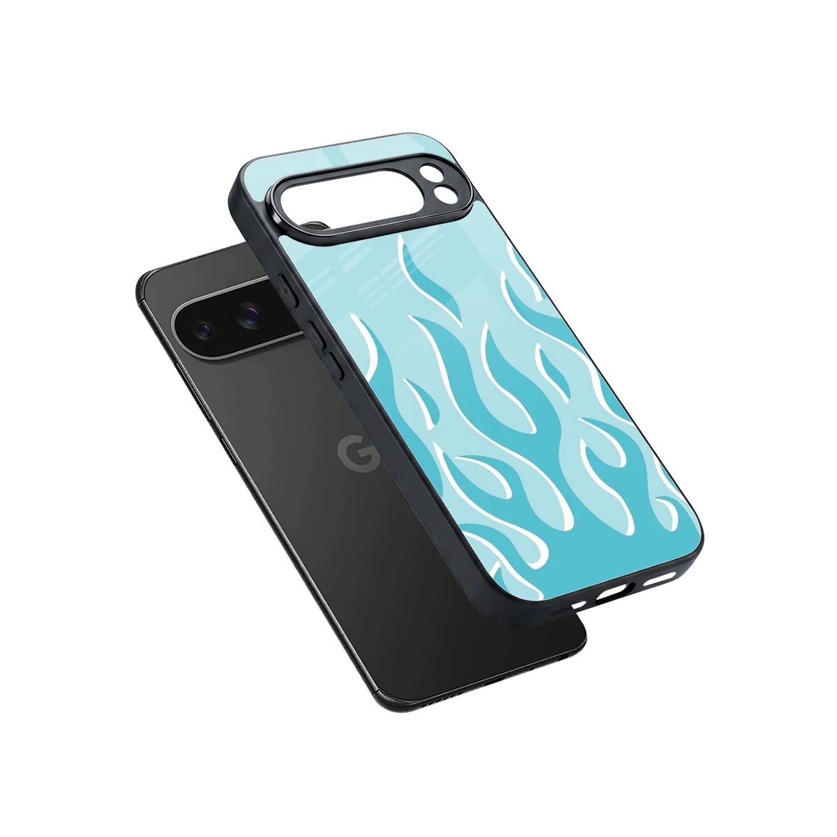 Y2K Retro Blue Flames sleek google pixel 10 pro xl cover with tempered glass back and TPU edges
